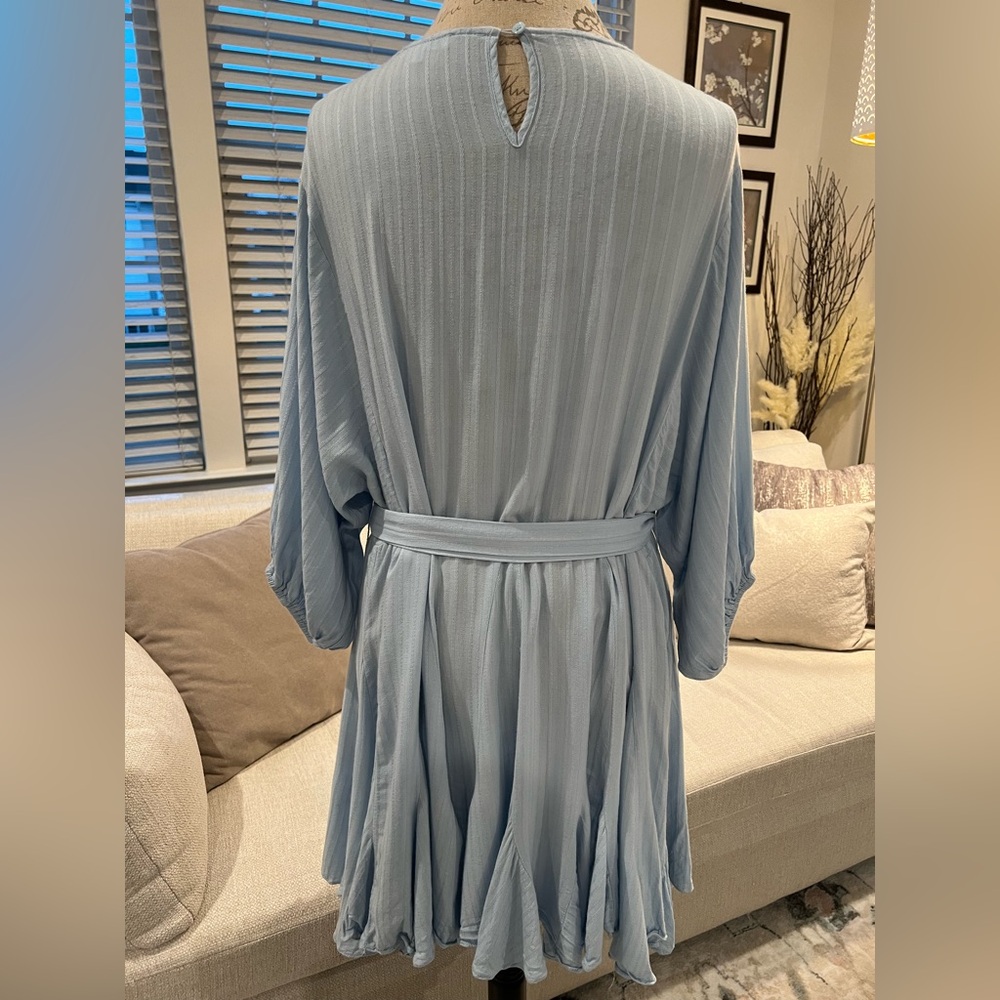Mittoshop Boho Ruffled Hem Textured Flowy Pastel Blue Long Sleeve Dress Tie - Picture 3 of 16